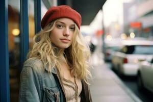 a beautiful blonde woman in a red beret generative ai photo