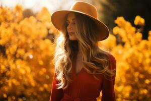 un hermosa rubia mujer en un rojo vestir y sombrero generativo ai foto