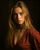 a beautiful blonde woman in a red dress generative ai photo
