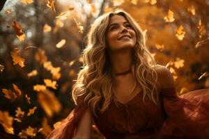 a beautiful blonde woman in a red dress is surrounded by falling leaves generative ai photo