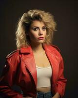 a beautiful blonde woman in a red leather jacket generative ai photo