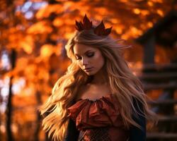 un hermosa rubia mujer en un rojo vestir con un corona en su cabeza generativo ai foto