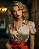 a beautiful blonde woman in a red skirt and blouse generative ai photo