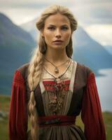 a beautiful blonde woman in a traditional norwegian dress generative ai photo