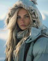 a beautiful blonde woman in a winter coat generative ai photo