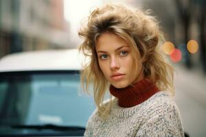 a beautiful blonde woman in a sweater and turtle neck standing in front of a car generative ai photo