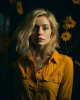 a beautiful blonde woman in a yellow shirt standing in front of sunflowers generative ai photo