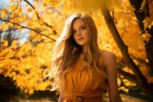 un hermosa rubia mujer en un amarillo vestir en pie en frente de un árbol con amarillo hojas generativo ai foto