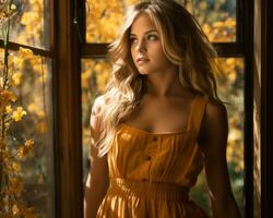 a beautiful blonde woman in a yellow dress looking out a window generative ai photo