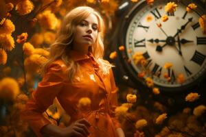 un hermosa rubia mujer en un naranja vestir en pie en frente de un reloj generativo ai foto