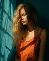 a beautiful blonde woman in an orange dress leaning against a window generative ai photo