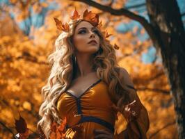 a beautiful blonde woman in an orange dress with leaves on her head generative ai photo