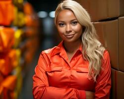 un hermosa rubia mujer en un naranja camisa en pie en un almacén generativo ai foto
