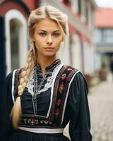 un hermosa rubia mujer en tradicional ropa generativo ai foto