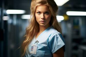 a beautiful blonde woman in blue scrubs standing in a hallway generative ai photo