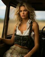 a beautiful blonde woman sitting in the back seat of an old truck generative ai photo