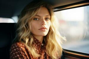 a beautiful blonde woman sitting in the back seat of a car generative ai photo