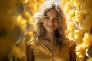 a beautiful blonde woman smiling in front of yellow flowers generative ai photo