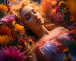 un hermosa rubia mujer dormido en un campo de flores generativo ai foto