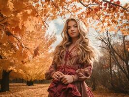 a beautiful blonde woman standing in the middle of an autumn forest generative ai photo