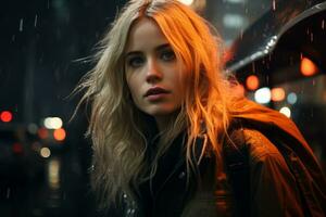 a beautiful blonde woman standing in the rain at night generative ai photo