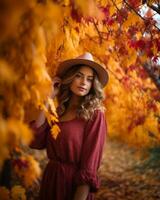 a beautiful blonde woman wearing a hat and dress in a field of autumn leaves generative ai photo