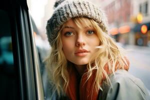 a beautiful blonde woman wearing a hat and scarf looking out the window of a car generative ai photo