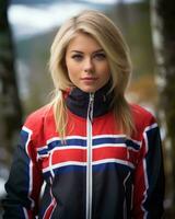 a beautiful blonde woman wearing a norwegian flag jacket in the woods generative ai photo
