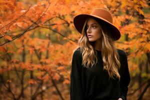 a beautiful blonde woman wearing a hat in an autumn forest generative ai photo