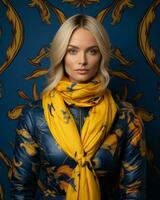 a beautiful blonde woman wearing a yellow scarf generative ai photo