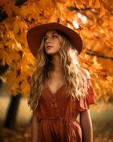 a beautiful blonde woman wearing an orange dress and hat in an autumn forest generative ai photo