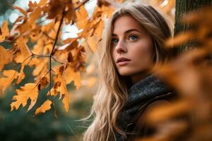 a beautiful blonde woman with autumn leaves in her hair generative ai photo