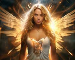 a beautiful blonde woman with golden wings generative ai photo