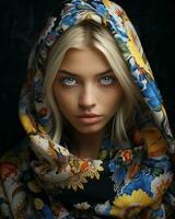 un hermosa rubia mujer con azul ojos vistiendo un vistoso bufanda generativo ai foto