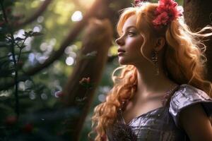 un hermosa rubia mujer con largo pelo en un bosque generativo ai foto