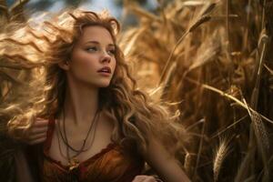 a beautiful blonde woman with long hair in a wheat field generative ai photo