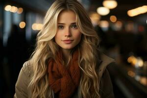 a beautiful blonde woman with long hair and a scarf generative ai photo