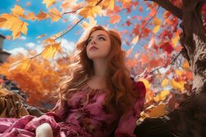 a beautiful red haired woman in a pink dress sitting on a tree generative ai photo