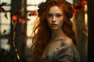 a beautiful red haired woman in a white dress generative ai photo