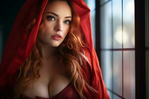 a beautiful red haired woman in a red cloak generative ai photo