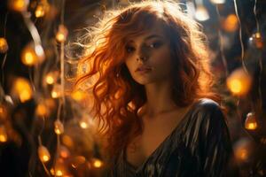 a beautiful red haired woman in a silver dress with lights around her generative ai photo