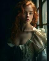 a beautiful red haired woman standing by a window generative ai photo