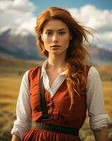 a beautiful red haired woman standing in the middle of a field with mountains in the background generative ai photo