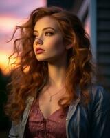 a beautiful red haired woman with long hair standing in front of a sunset generative ai photo