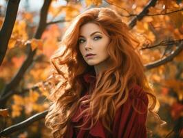 un hermosa rojo peludo mujer con largo pelo en el otoño generativo ai foto