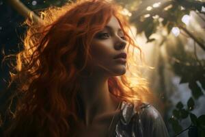 a beautiful red haired woman with long hair in the woods generative ai photo