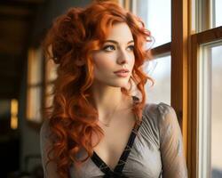 a beautiful red haired woman with long curly hair looking out of a window generative ai photo