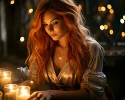 a beautiful red haired woman with long hair is sitting in front of candles generative ai photo