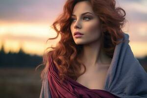 a beautiful red haired woman with long hair standing in front of a sunset generative ai photo