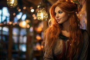 a beautiful red haired woman with long hair standing in front of some lights generative ai photo